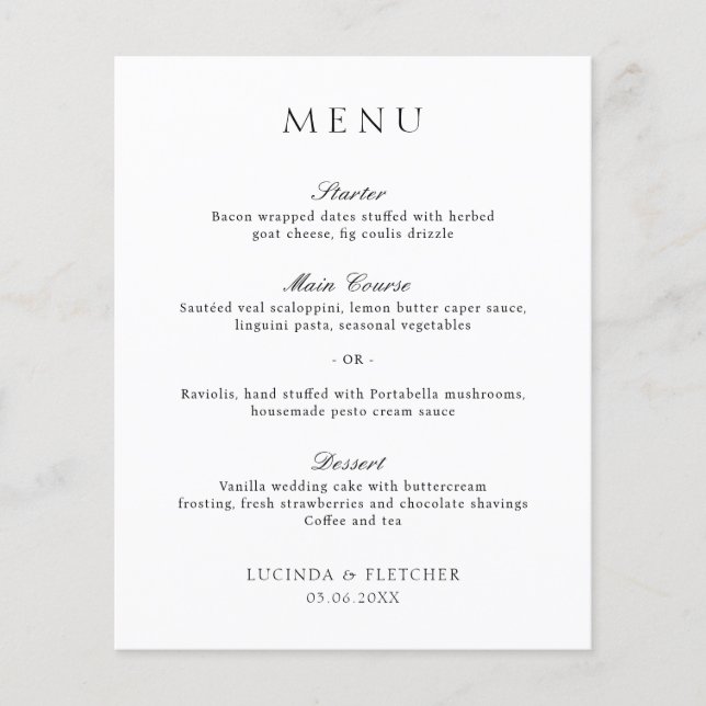 Elegant Classic Formal Budget Wedding Menu (Front)