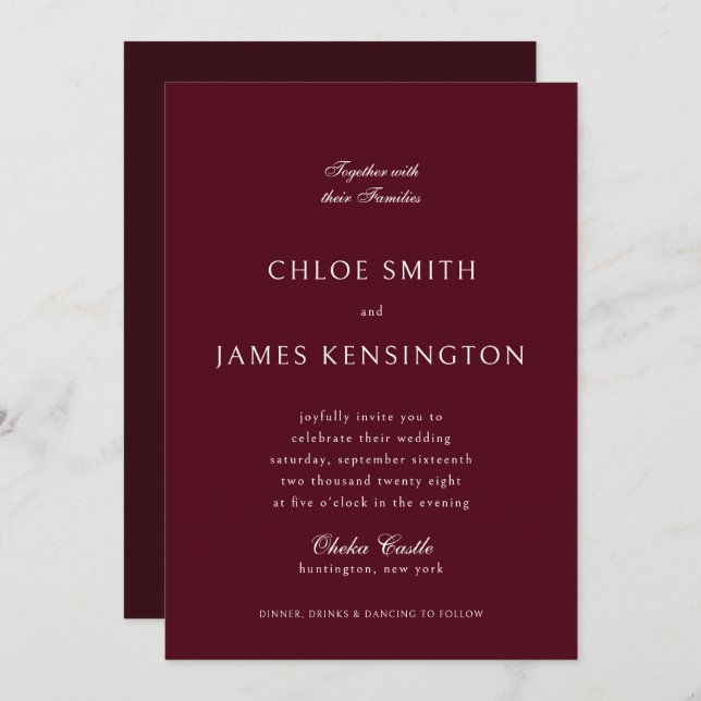 Elegant Classic Formal Maroon Red Wedding  Invitation (Front/Back)