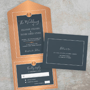Elegant classic glam navy copper gold wedding all in one invitation