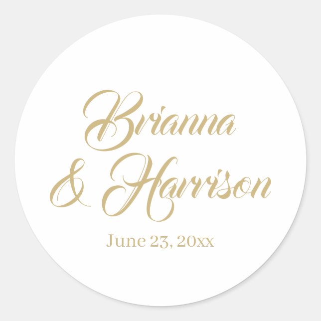 Elegant classic gold custom calligraphy wedding  classic round sticker (Front)