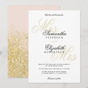 Elegant classic gold glitter lesbian wedding invitation