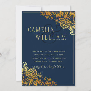 Elegant Classic Gold Lace Blue Wedding Invite