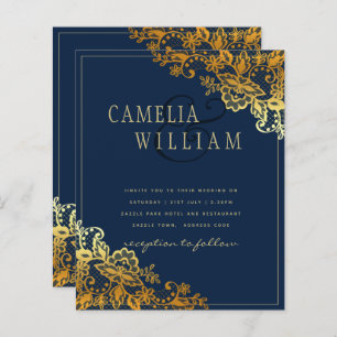Elegant Classic Gold Lace Blue Wedding Invite