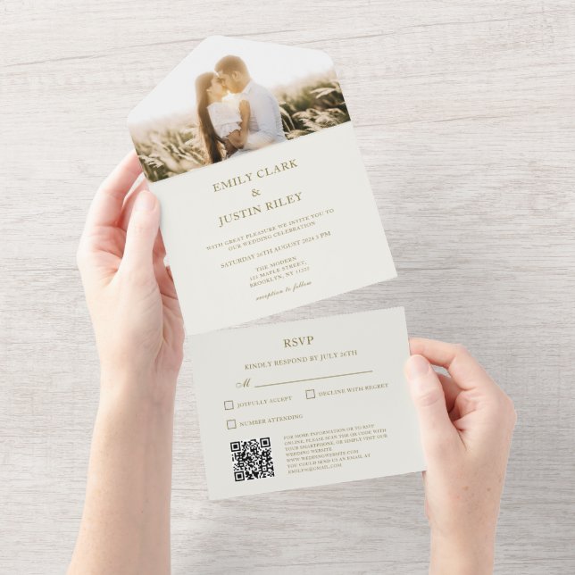 Elegant Classic Gold Monogram Photo QRCode Wedding All In One Invitation (Tearaway)