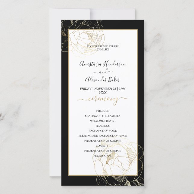 Elegant Classic Gold Rose Wedding Program card. (Front)