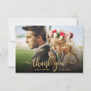 Elegant Classic Gold Script Photo Overlay Wedding  Thank You Card