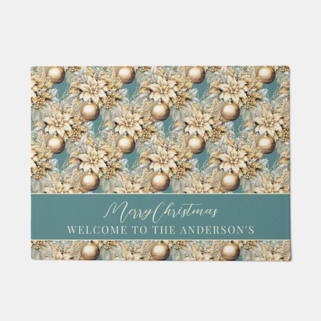 Elegant classic gold teal luxury Christmas bouquet Doormat (Front)