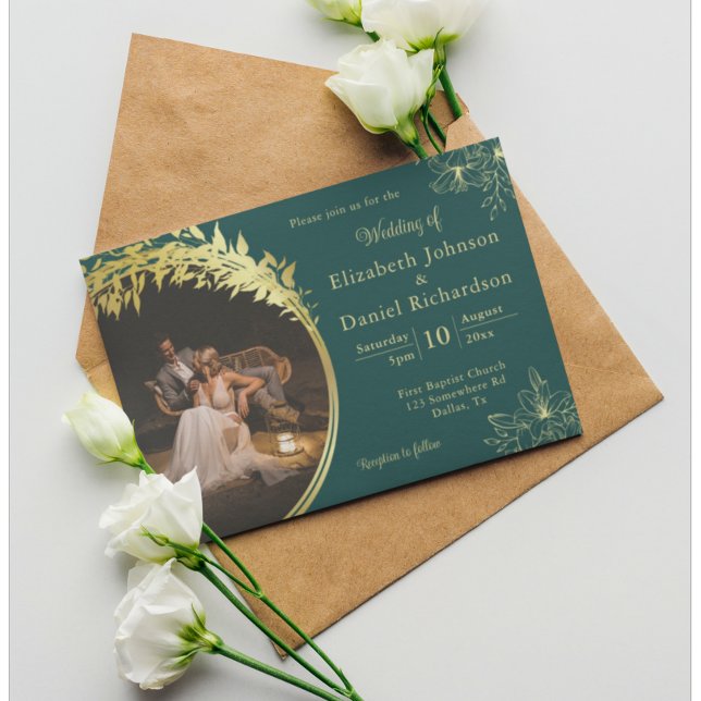 Elegant Classic Gold, Teal Photo Wedding Invitation (Creator Uploaded)
