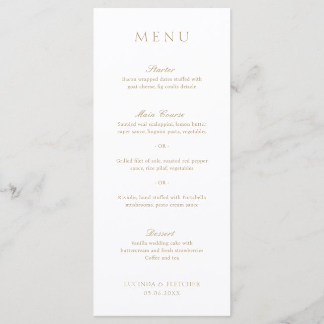 Elegant Classic Gold Traditional Formal Wedding Menu (Front)
