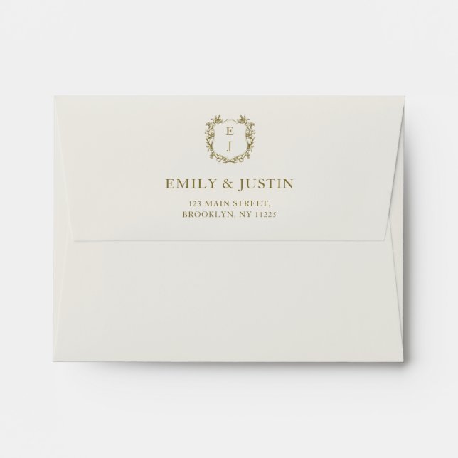 Elegant Classic Golden Crest Monogram Wedding Envelope (Back (Top Flap))