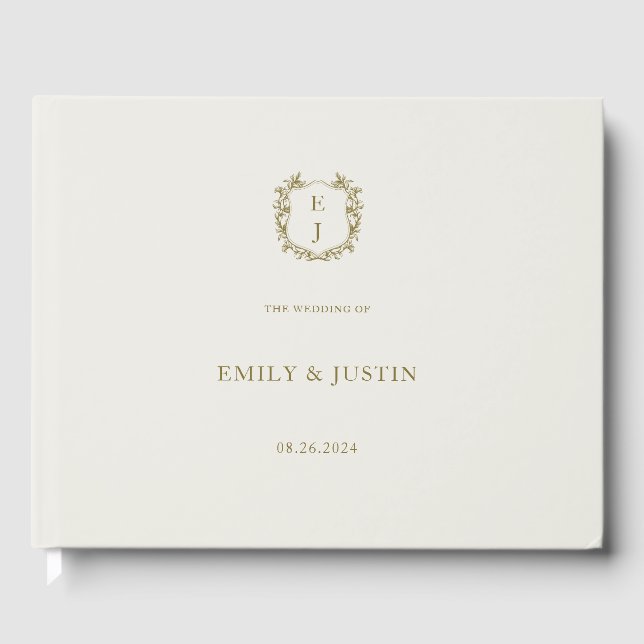 Elegant Classic Golden Crest Monogram Wedding Guest Book (Front)