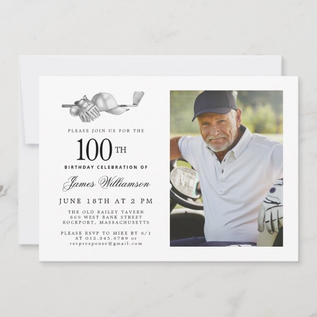 Elegant Classic Golf 100th Birthday Party Photo Invitation (Front)