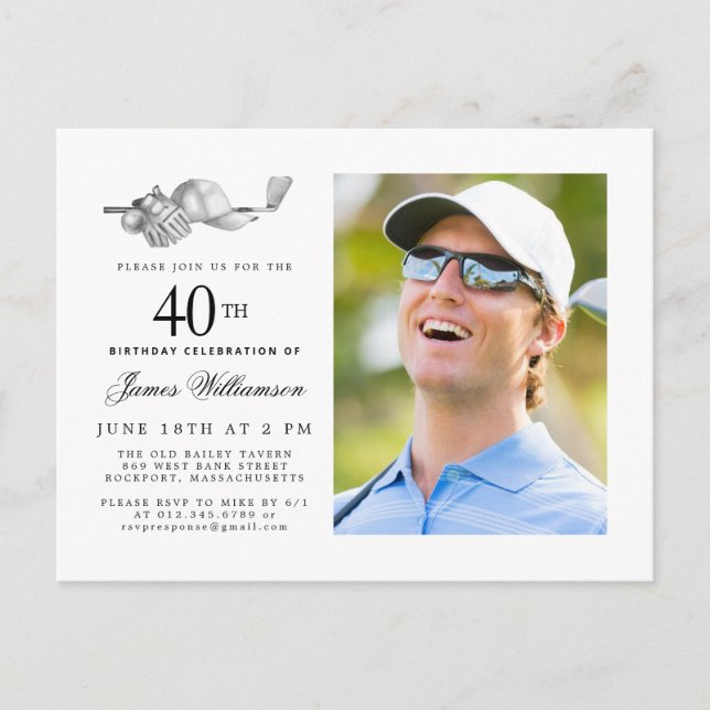 Elegant Classic Golf 40th Birthday Party Photo Invitation Postcard (Front)
