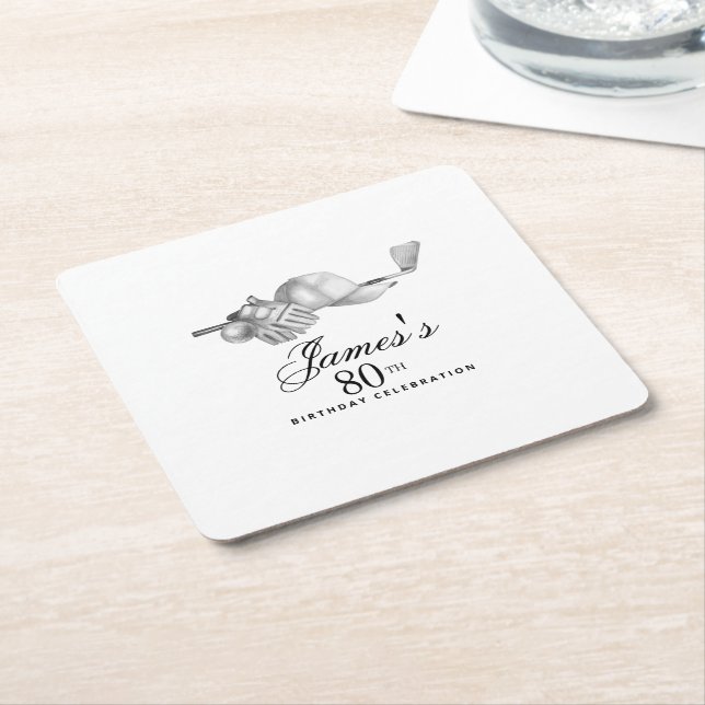 Elegant Classic Golf 80th Birthday Party Custom Square Paper Coaster (Angled)