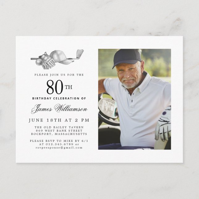 Elegant Classic Golf 80th Birthday Party Photo Invitation Postcard (Front)