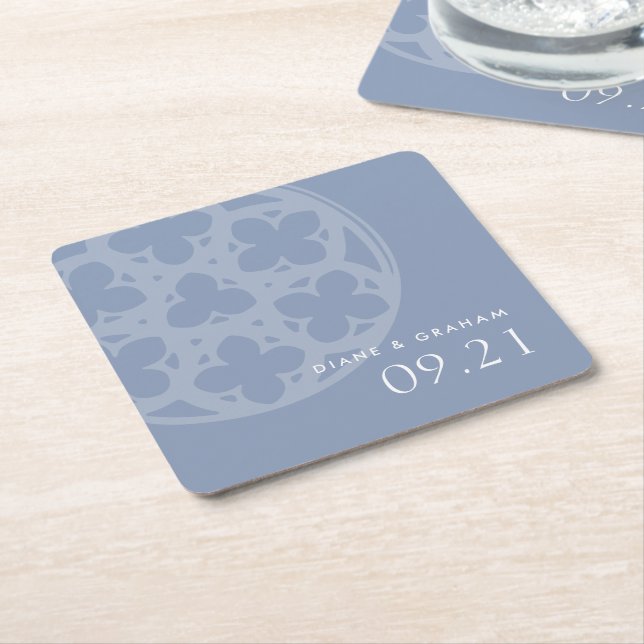 Elegant Classic Gothic Window Forever Blue Wedding Square Paper Coaster (Angled)