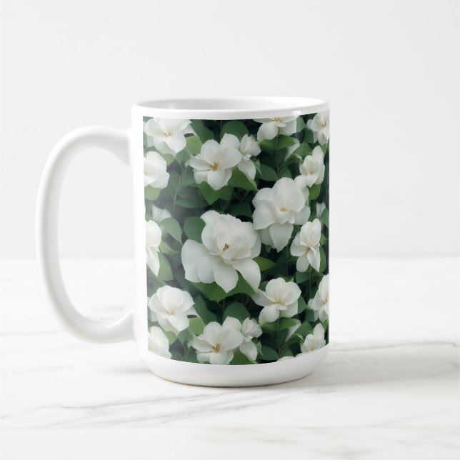 Elegant classic green botanical white floral coffee mug (Left)