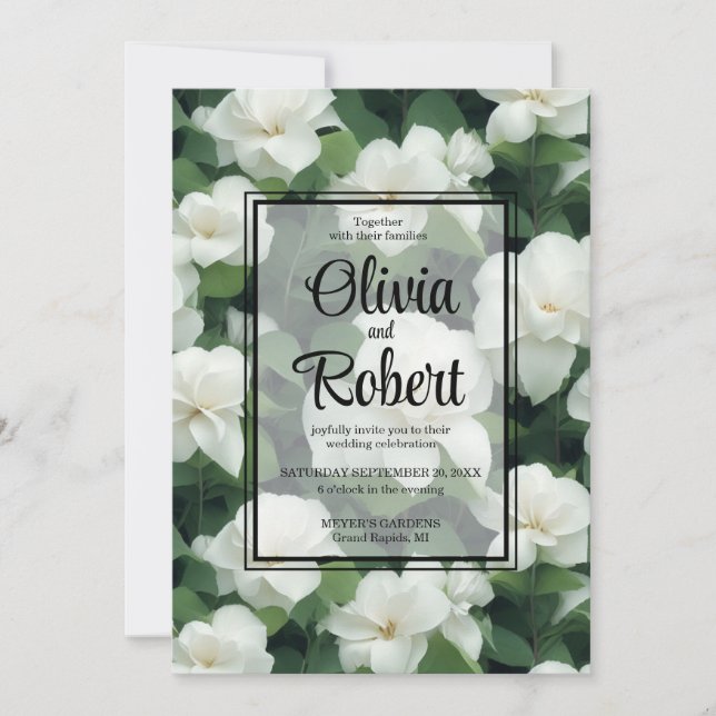 Elegant classic green botanical white floral invitation (Front)