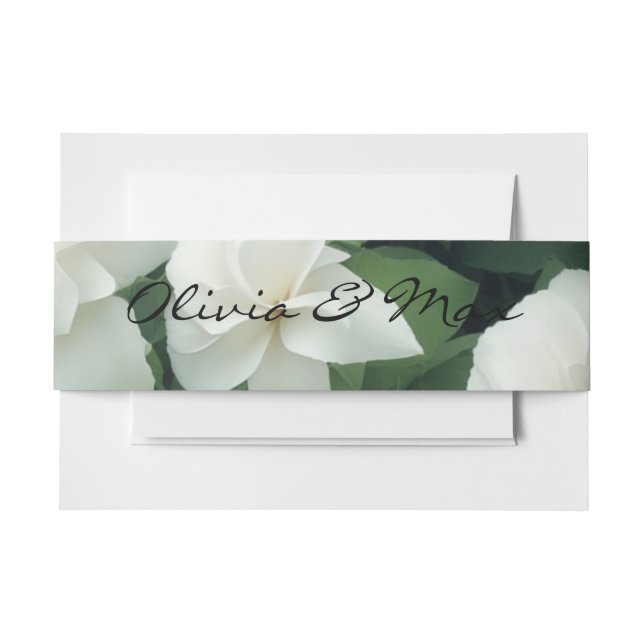 Elegant classic green botanical white floral invitation belly band (Front Example)