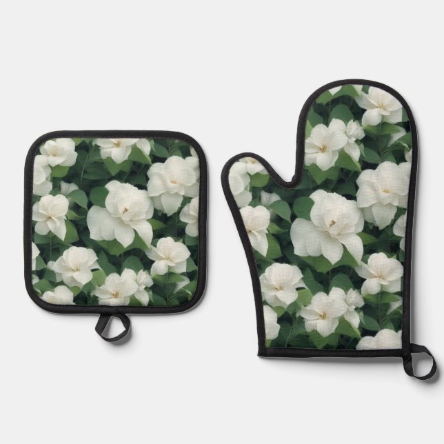 Elegant classic green botanical white floral oven mitt & pot holder set (Front)