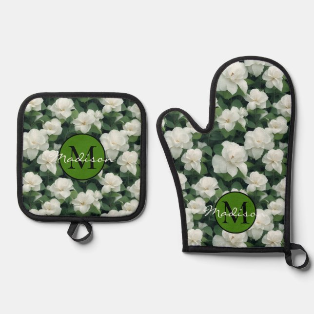 Elegant classic green botanical white floral oven mitt & pot holder set (Front)
