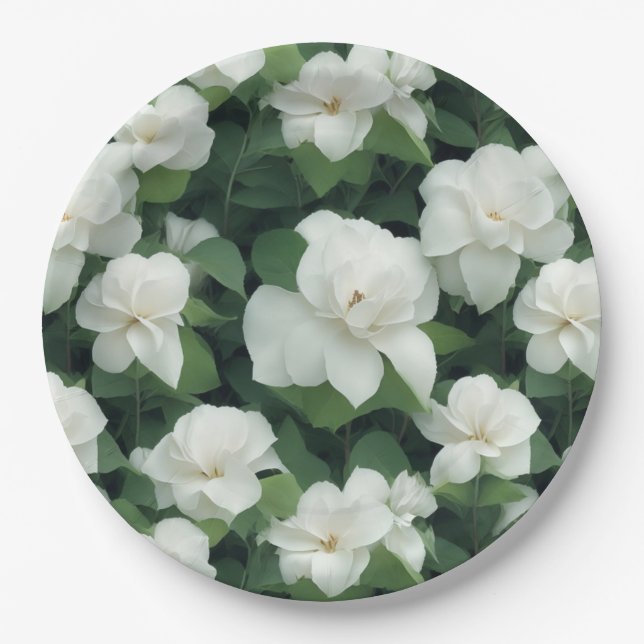 Elegant classic green botanical white floral paper plate (Front)