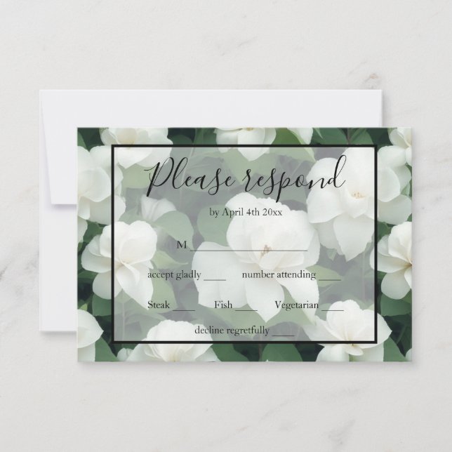 Elegant classic green botanical white floral RSVP card (Front)