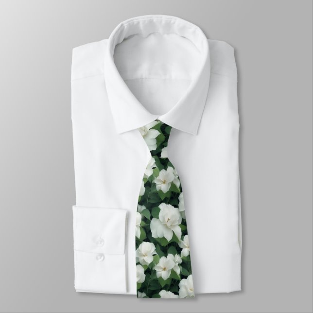 Elegant classic green botanical white floral tie (Tied)
