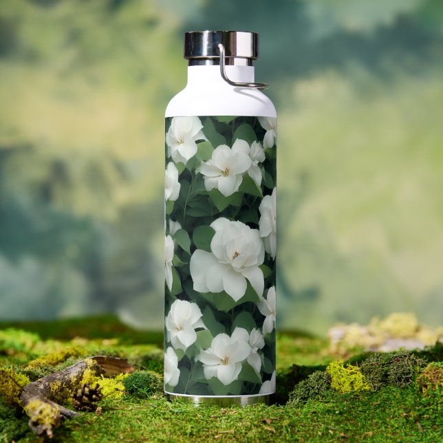 Elegant classic green botanical white floral water bottle (Outdoor)