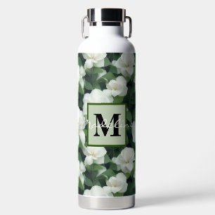 Elegant classic green botanical white floral water bottle