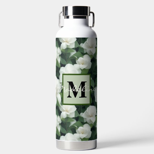 Elegant classic green botanical white floral water water bottle (Front)