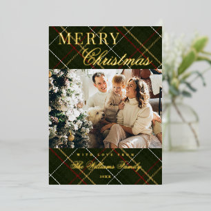 Elegant Classic Green Plaid 1 Photo Christmas Foil Holiday Card