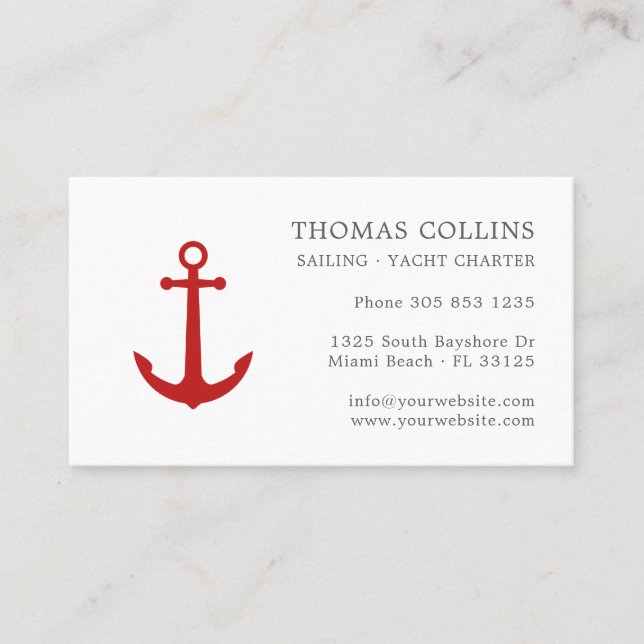Elegant Classic Grey & Red Nautical Anchor Logo Business Card (Front)