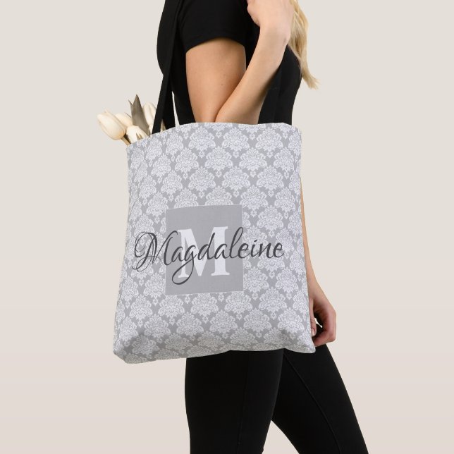 Elegant Classic Grey & Whit Damask Monogram & Name Tote Bag (Close Up)