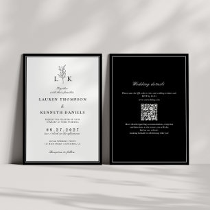 Elegant Classic Leaf Monogram QR Code Wedding Invitation