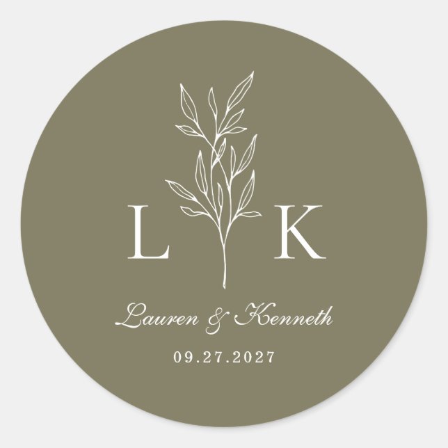 Elegant Classic Leaf Monogram Wedding Olive Green Round Sticker (Front)