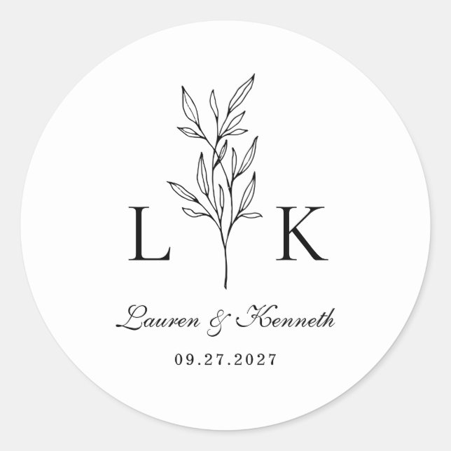 Elegant Classic Leaf Monogram Wedding Round Sticker (Front)