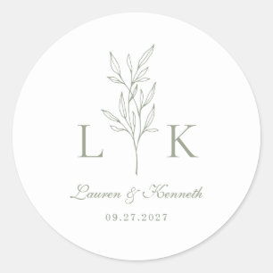 Elegant Classic Leaf Monogram Wedding Sage Green Classic Round Sticker