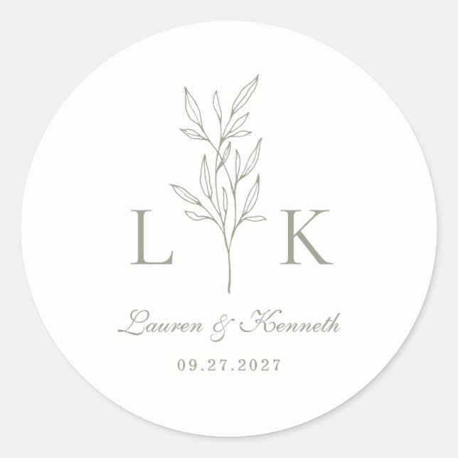 Elegant Classic Leaf Monogram Wedding Sage Green Classic Round Sticker (Front)