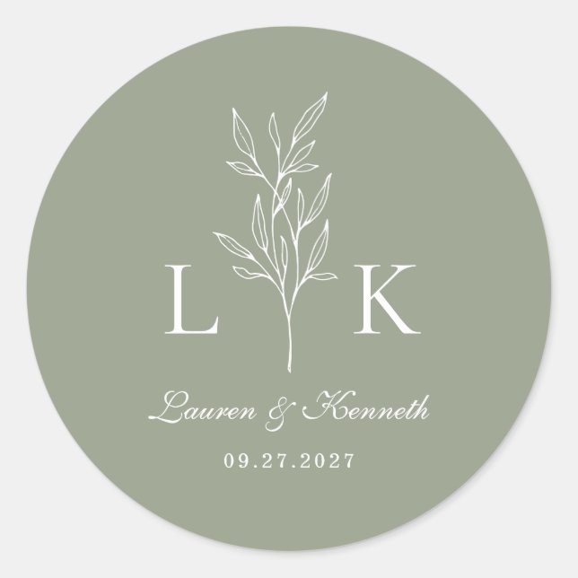 Elegant Classic Leaf Monogram Wedding Sage Green Classic Round Sticker (Front)