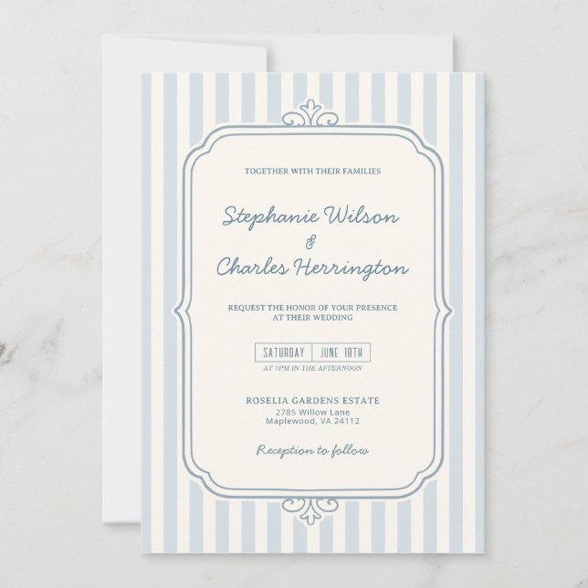 Elegant Classic Light Blue Beige Striped Wedding Invitation (Front)
