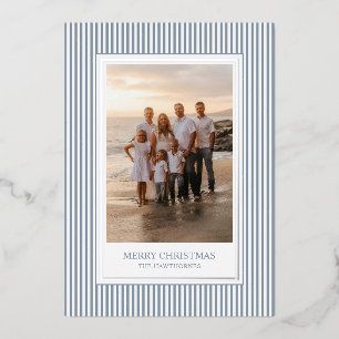 Elegant Classic Light Blue Stripe Photo Foil Holiday Card