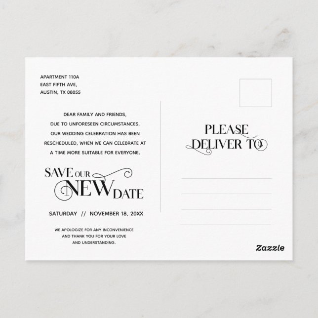 Elegant Classic, Love is Patient, Postponement Postcard (Back)