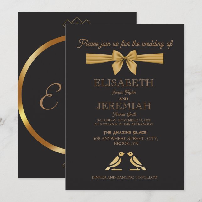 elegant Classic luxurious black gold wedding Invitation (Front/Back)