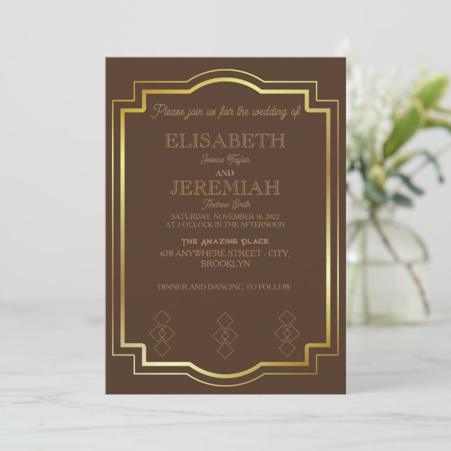 elegant Classic luxurious brown gold wedding Invitation (Standing Front)