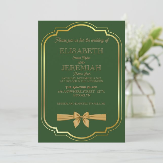 elegant Classic luxurious green gold wedding Invitation (Standing Front)