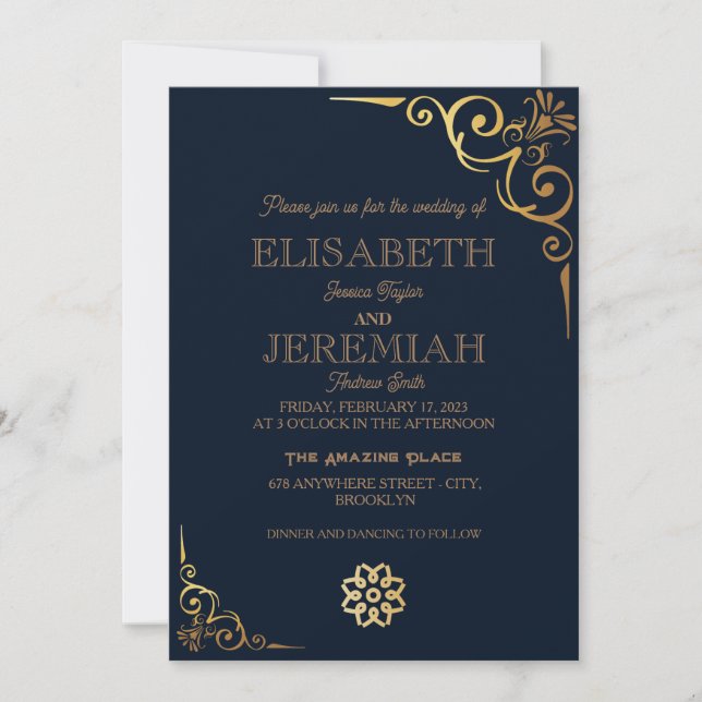 elegant Classic luxury blue gold photo wedding  Invitation (Front)