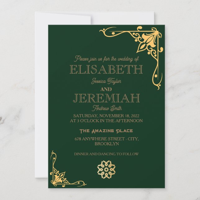 elegant Classic luxury green gold photo wedding Invitation (Front)