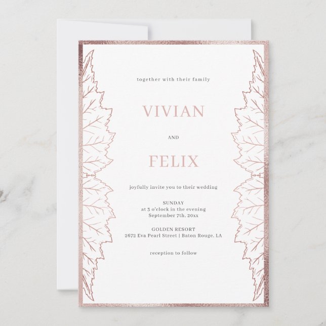 Elegant Classic Matt Rose Gold Leaves Wedding Invitation (Front)