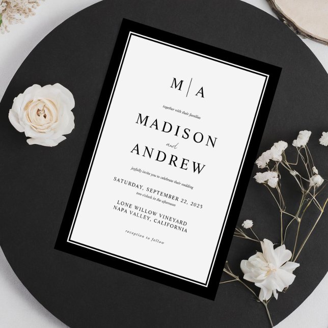 Elegant Classic Monogram Black and White Wedding Invitation (Creator Uploaded)